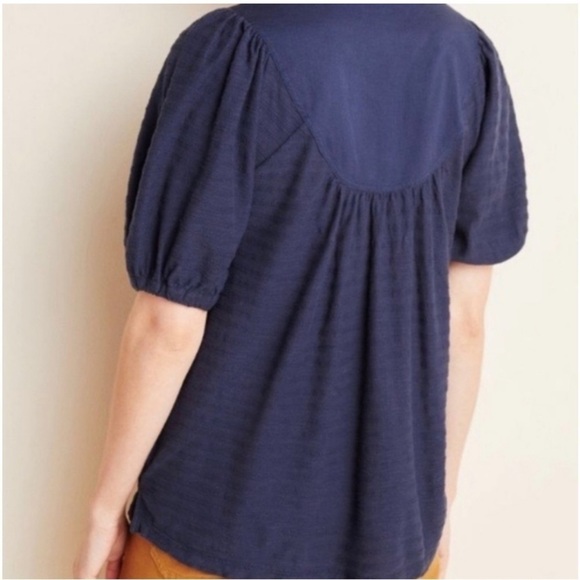 Anthropologie Elinor Textured Navy Blue Puff Short Sleeve Blouse - Picture 3 of 11
